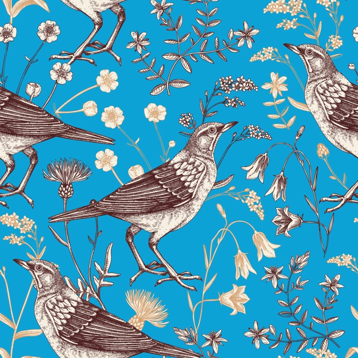 Summer background. Floral seamless pattern in color. Wildflowers and birds vector illustration in sketch style. Perfect for textile, wrapping paper, packaging, fabrics.